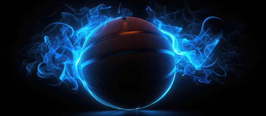 Black basketball with glowing neon lines on black background and smoke